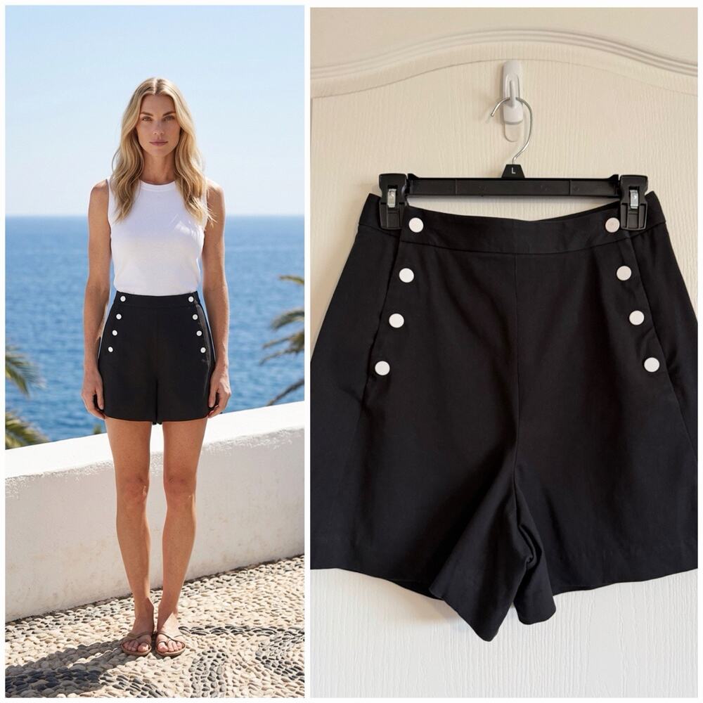 Pearl by Lela Rose Shorts Sz 2 High Waist Snap On Cotton Blend Preppy Luxury